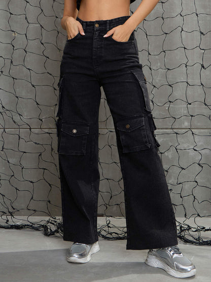 Women's Black Washed Denim Multi Pockets Cargo Jea
