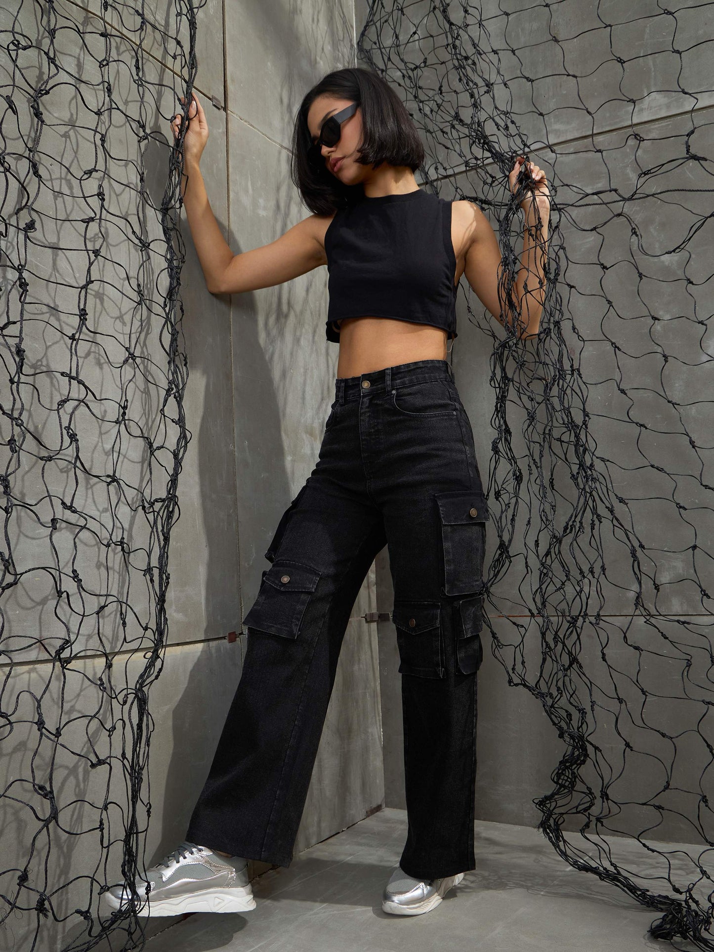 Women's Black Washed Denim Multi Pockets Cargo Jea