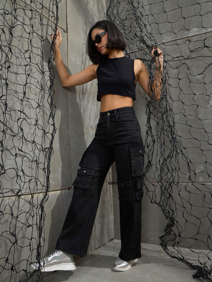 Women's Black Washed Denim Multi Pockets Cargo Jea