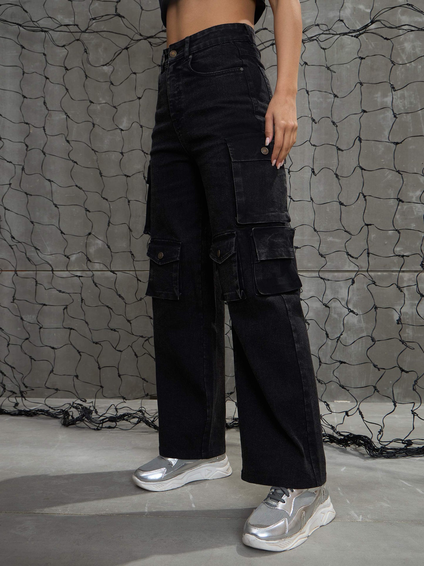 Women's Black Washed Denim Multi Pockets Cargo Jea