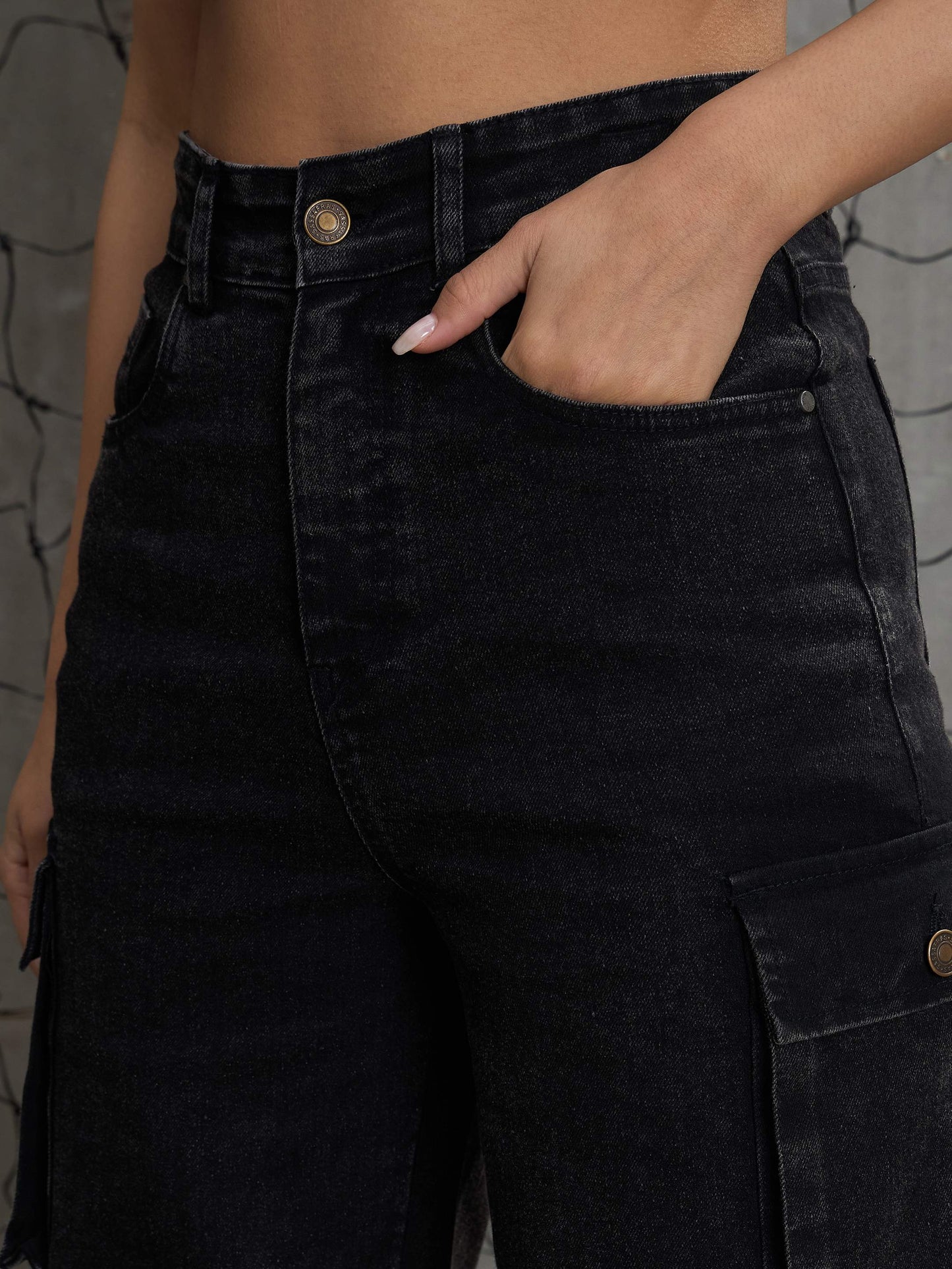 Women's Black Washed Denim Multi Pockets Cargo Jea