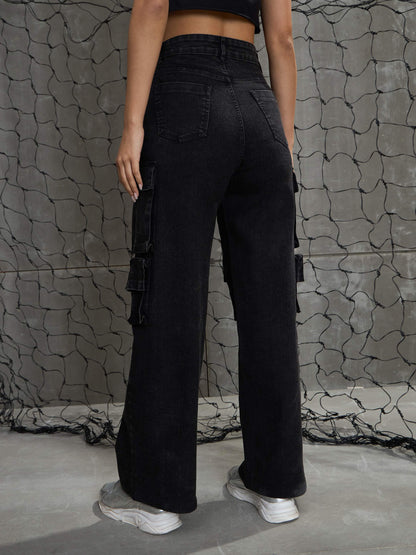 Women's Black Washed Denim Multi Pockets Cargo Jea