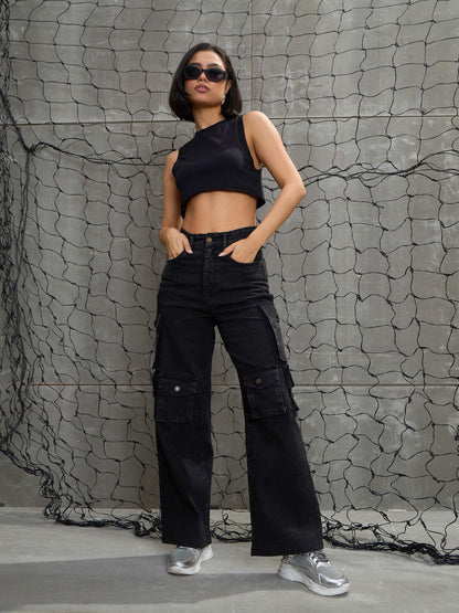 Women's Black Washed Denim Multi Pockets Cargo Jea