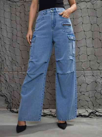 Women's Blue Denim Pleated Knee Cargo Jea