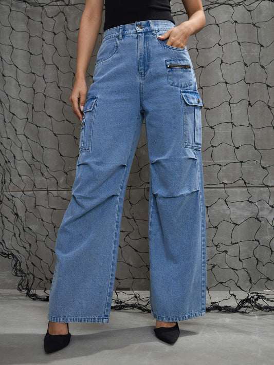Women's Blue Denim Pleated Knee Cargo Jea