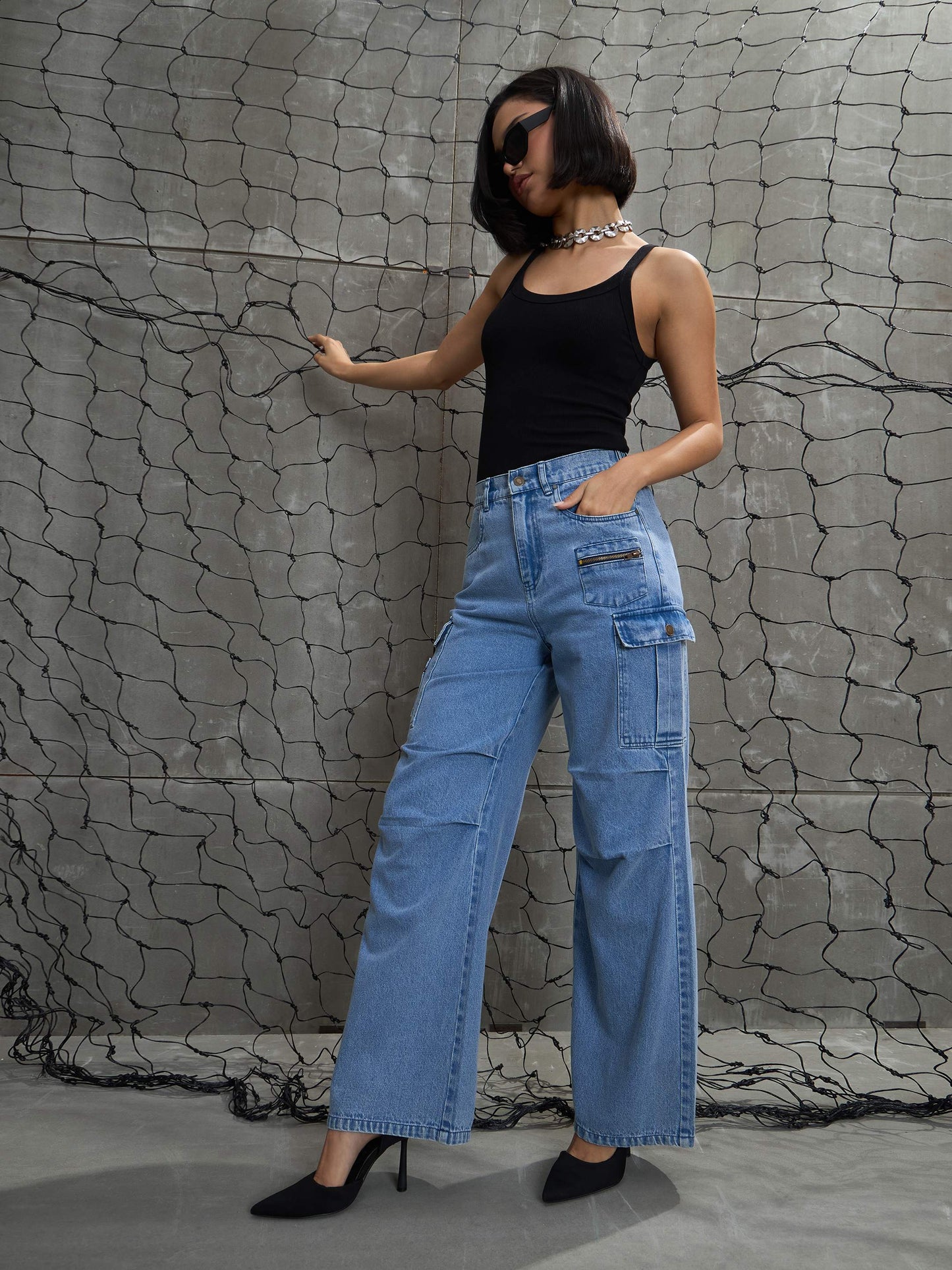 Women's Blue Denim Pleated Knee Cargo Jea