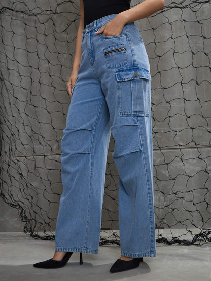 Women's Blue Denim Pleated Knee Cargo Jea