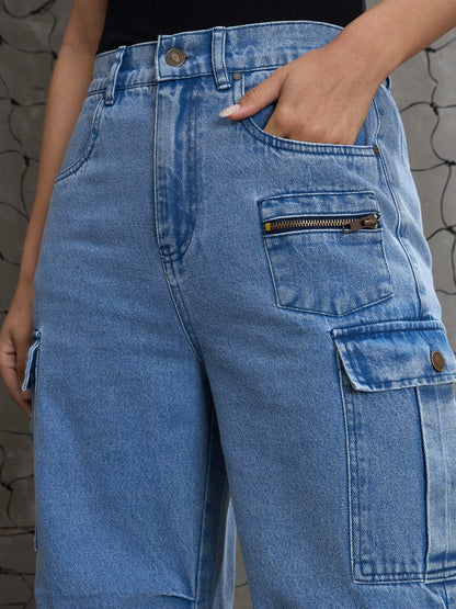 Women's Blue Denim Pleated Knee Cargo Jea