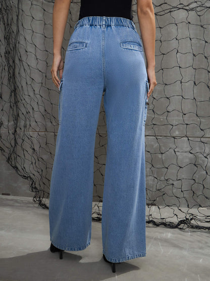 Women's Blue Denim Pleated Knee Cargo Jea