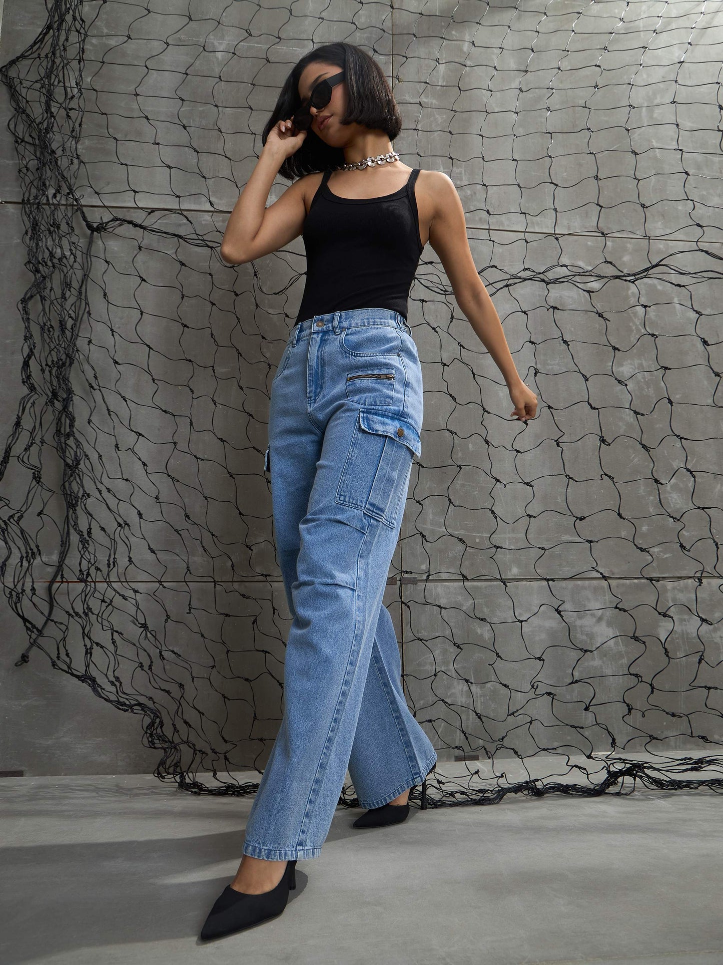 Women's Blue Denim Pleated Knee Cargo Jea