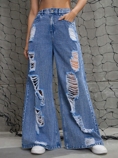 Women's Blue Washed Denim Distressed Jea