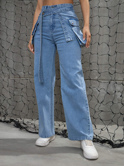Women's Blue Denim Belted Streight Fit Jea