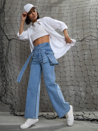 Women's Blue Denim Belted Streight Fit Jea