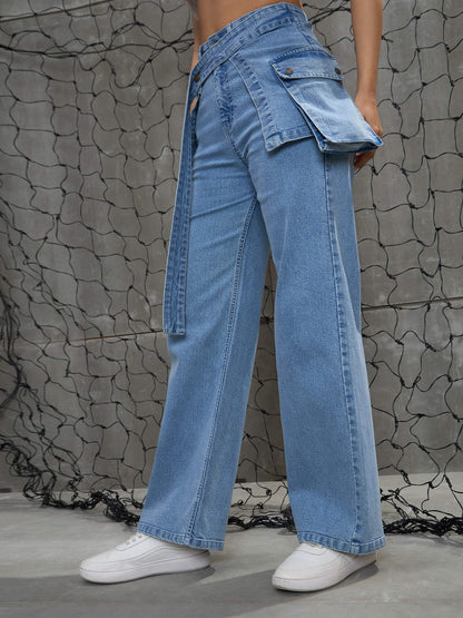 Women's Blue Denim Belted Streight Fit Jea
