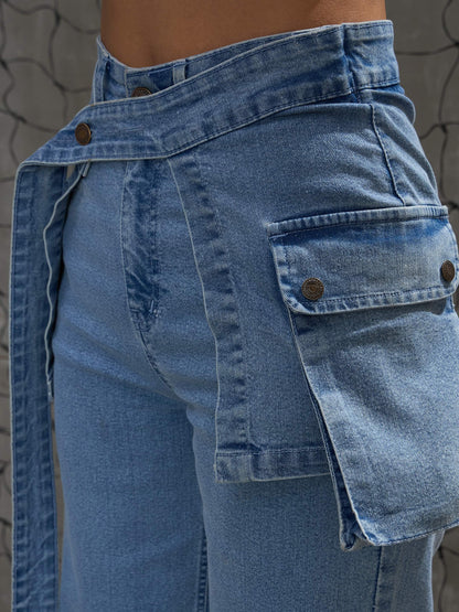 Women's Blue Denim Belted Streight Fit Jea