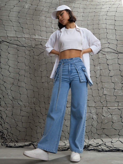 Women's Blue Denim Belted Streight Fit Jea