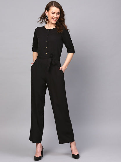 Women's Black Tie Belt Jumpsuit