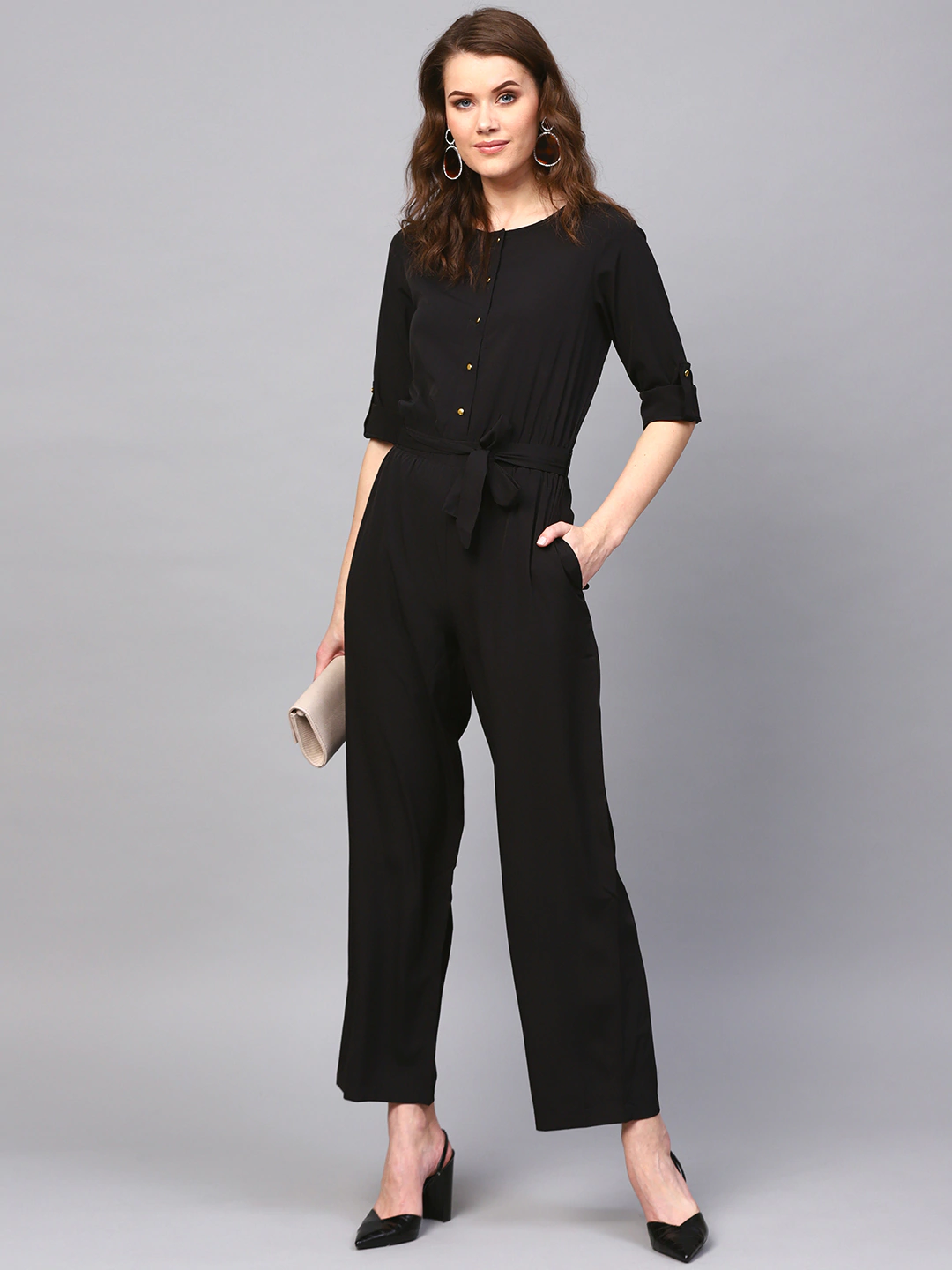 Women's Black Tie Belt Jumpsuit