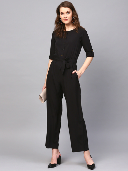 Women's Black Tie Belt Jumpsuit