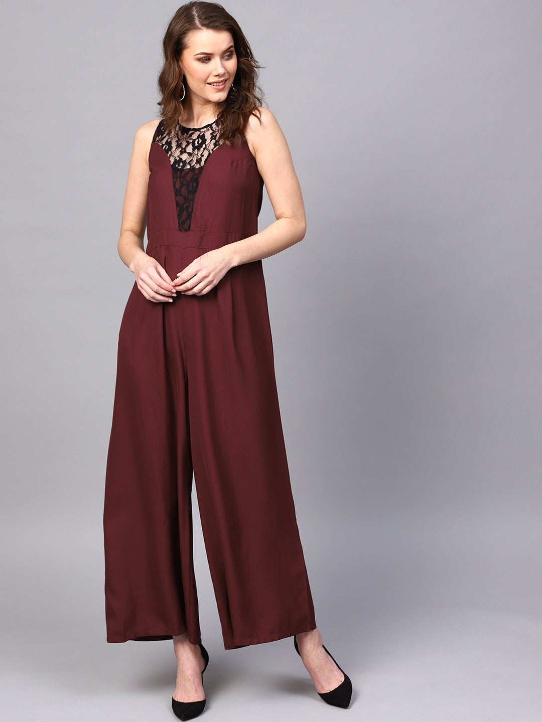 Women's Lace Neck Maroon Palazzo Jumpsuit