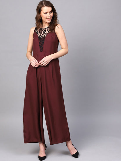 Women's Lace Neck Maroon Palazzo Jumpsuit