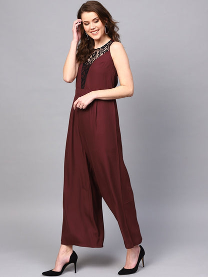 Women's Lace Neck Maroon Palazzo Jumpsuit