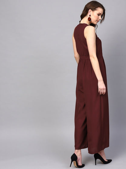 Women's Lace Neck Maroon Palazzo Jumpsuit