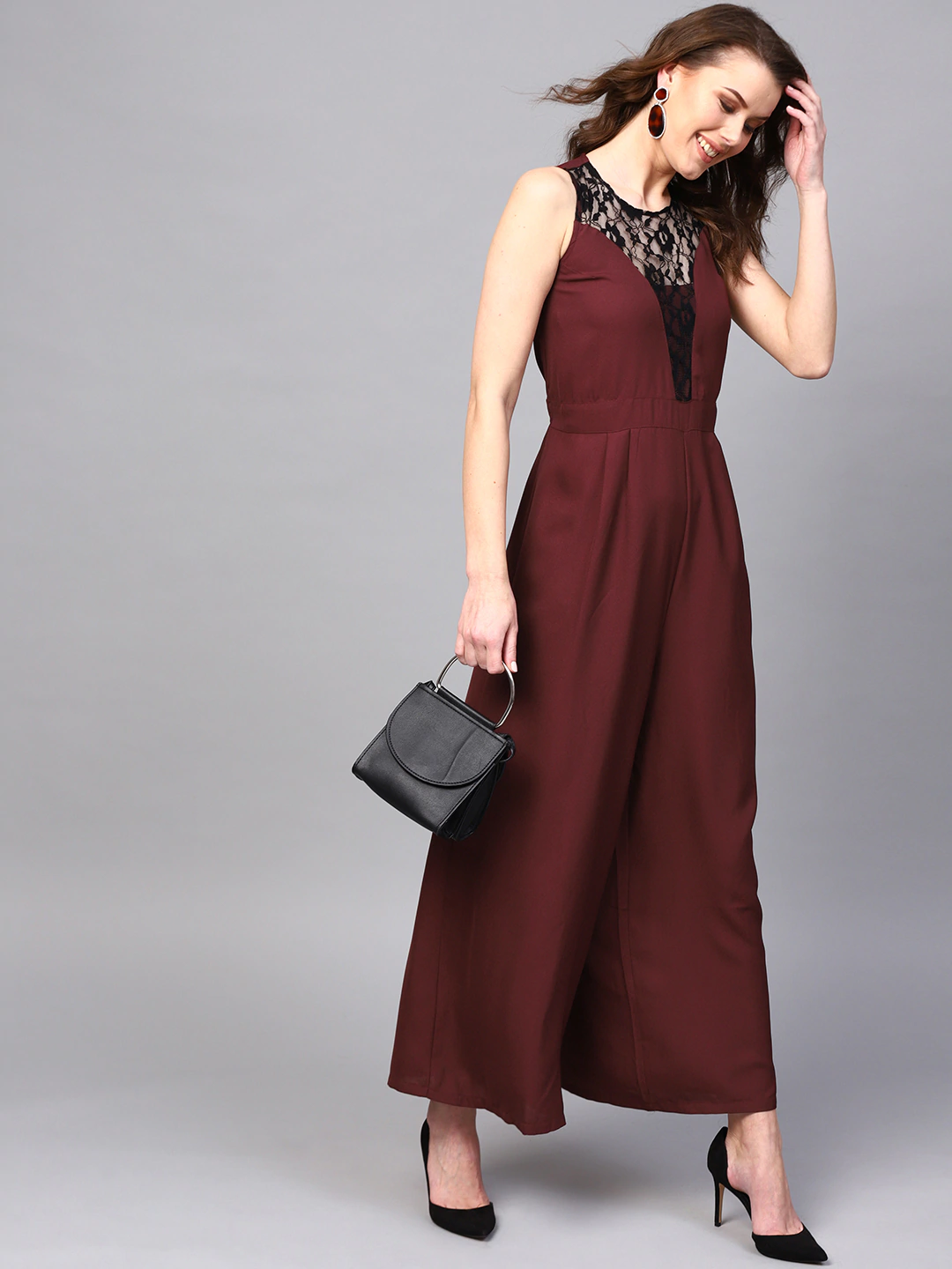 Women's Lace Neck Maroon Palazzo Jumpsuit