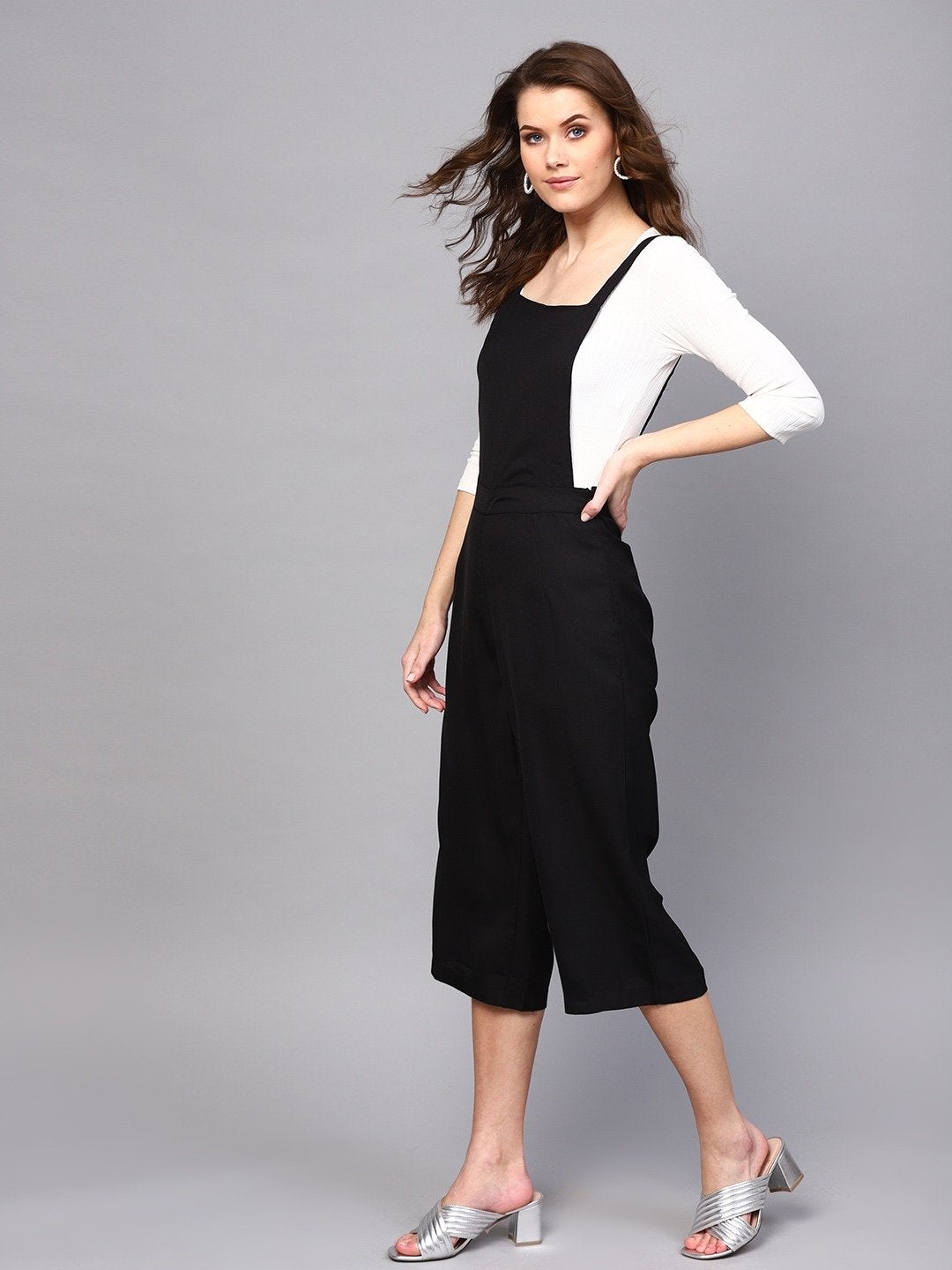 Women's Black Cropped Dungaree