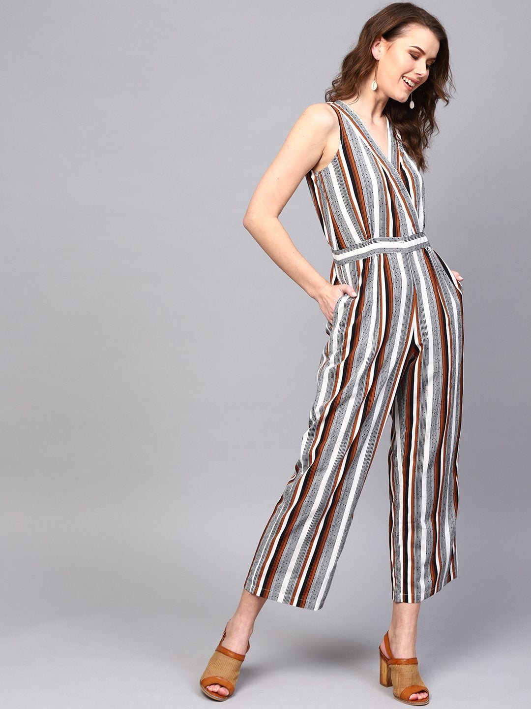 Women's Wrap Neck Striped Jumpsuit