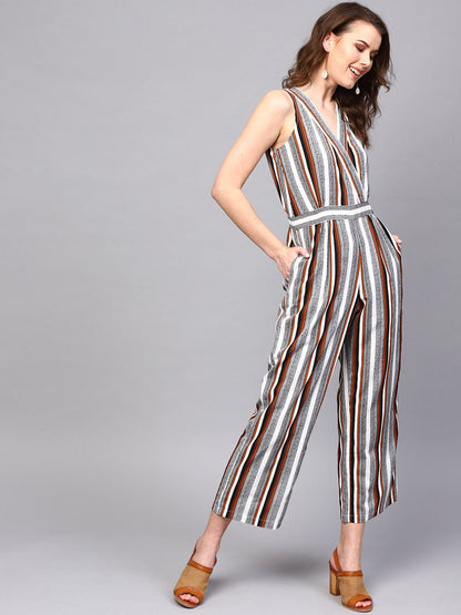 Women's Wrap Neck Striped Jumpsuit