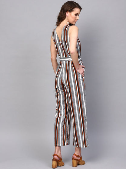 Women's Wrap Neck Striped Jumpsuit