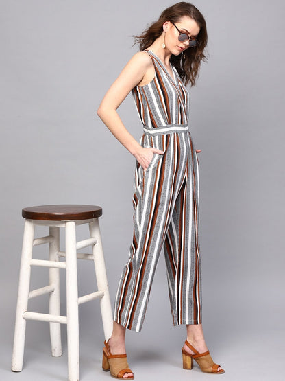 Women's Wrap Neck Striped Jumpsuit