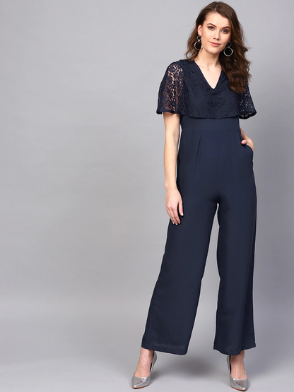 Women's Navy Layered Lace Jumpsuit