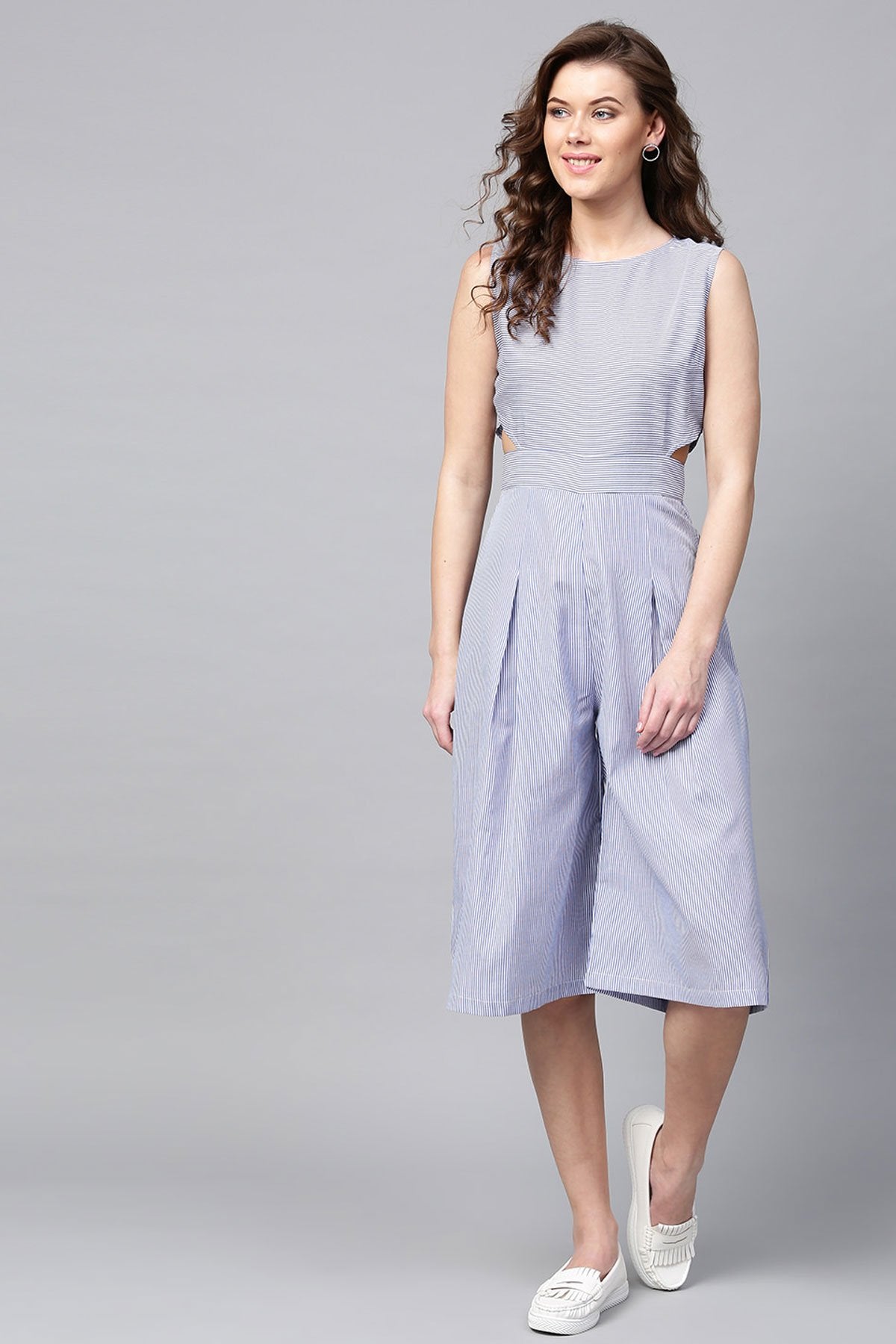 Women's Blue Stripes Cullote Jumpsuit