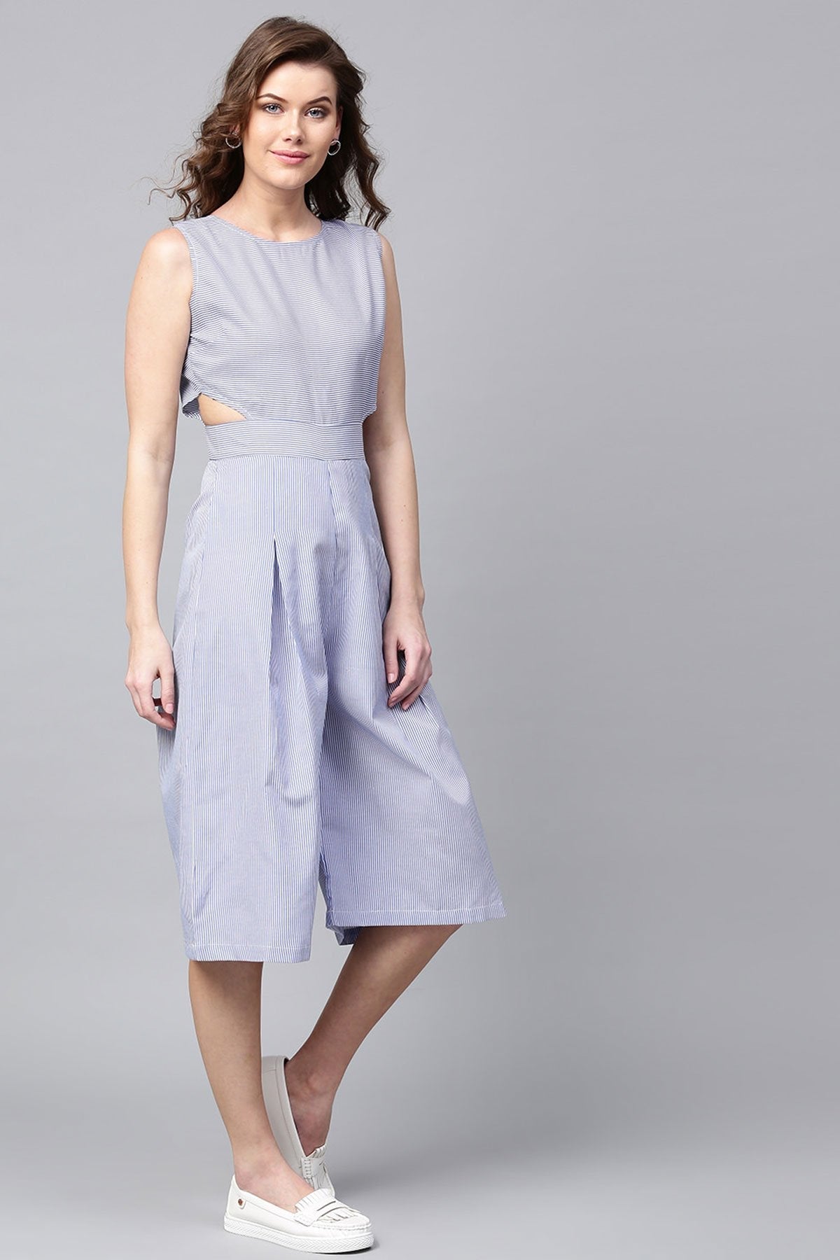 Women's Blue Stripes Cullote Jumpsuit