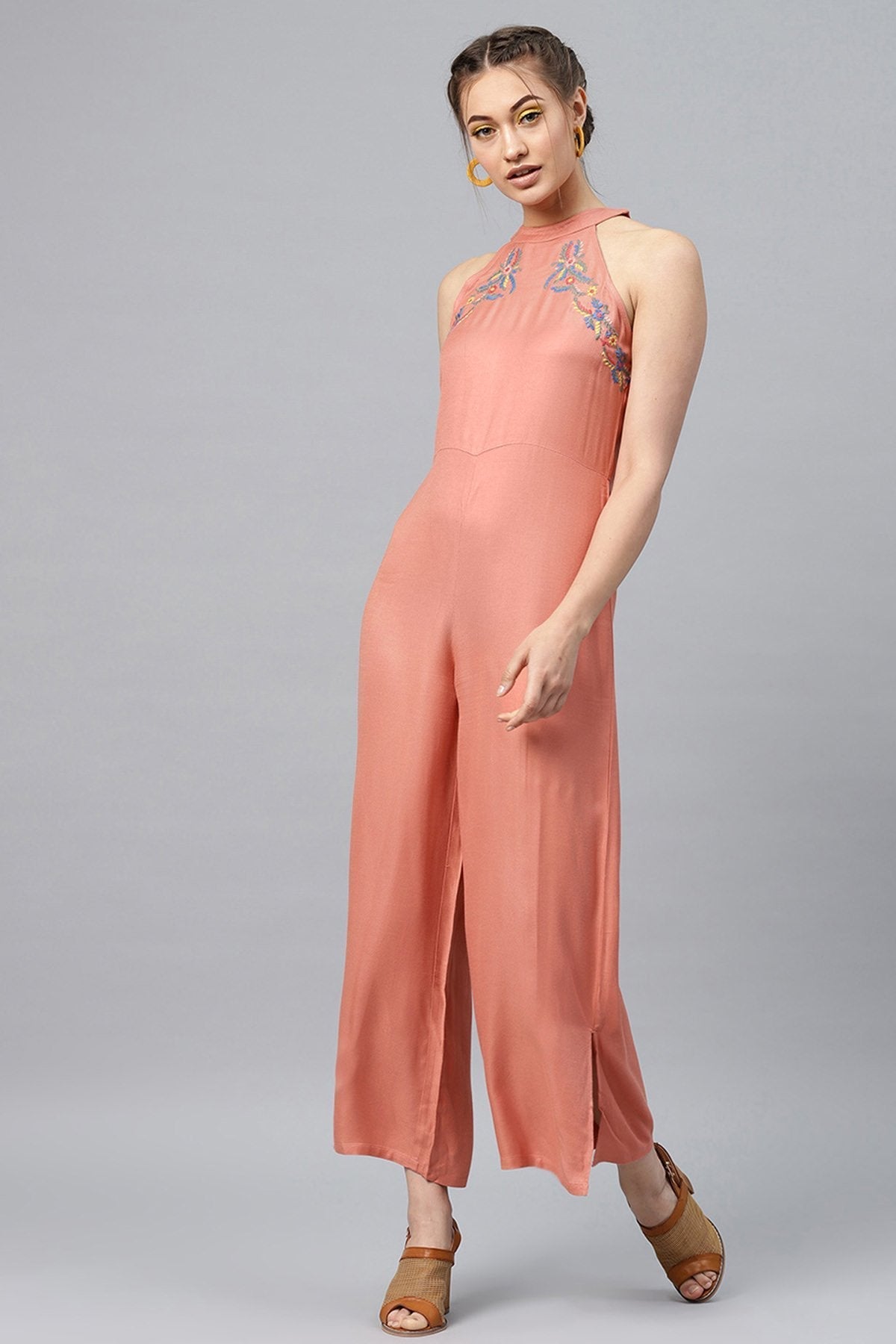 Women's Halter Neck Embroidered Peach Jumpsuit