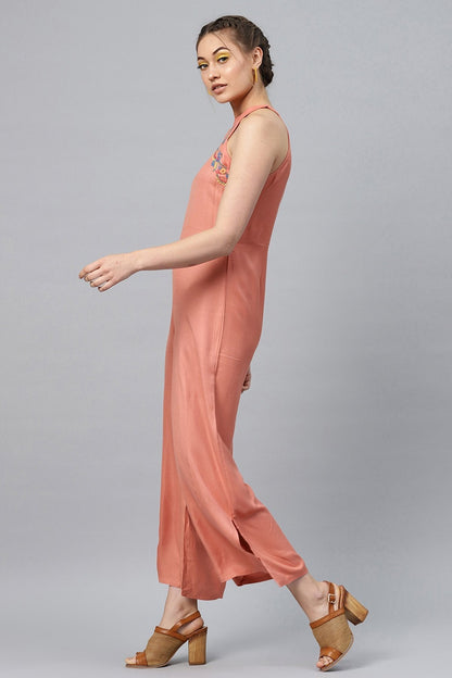 Women's Halter Neck Embroidered Peach Jumpsuit