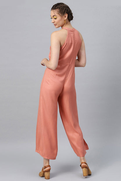 Women's Halter Neck Embroidered Peach Jumpsuit