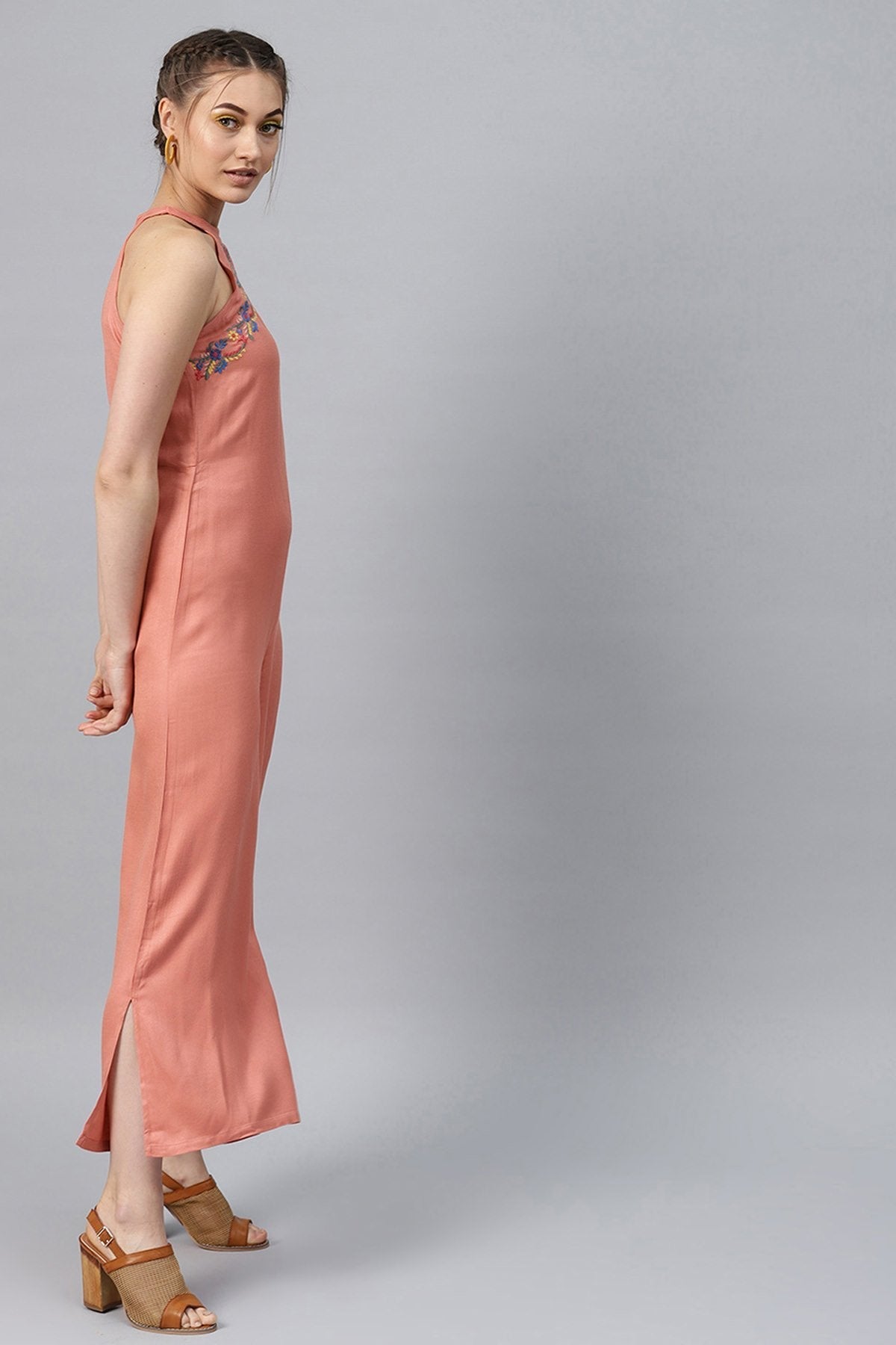 Women's Halter Neck Embroidered Peach Jumpsuit