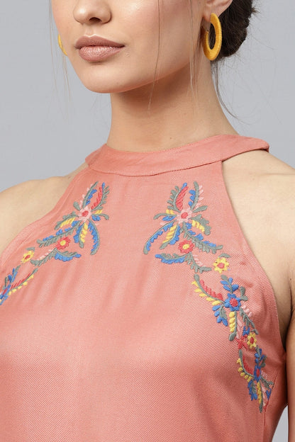 Women's Halter Neck Embroidered Peach Jumpsuit