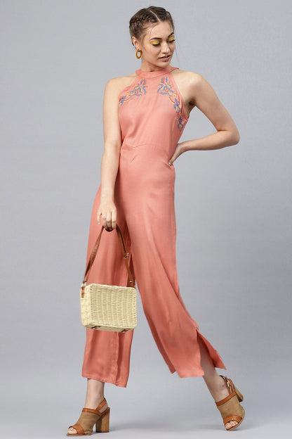 Women's Halter Neck Embroidered Peach Jumpsuit
