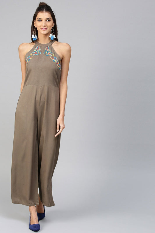Women's Halter Neck Embroidered Brown Jumpsuit