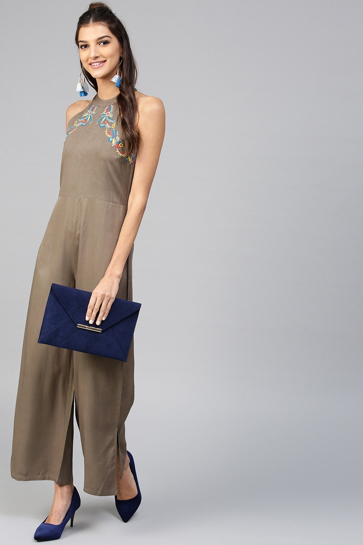 Women's Halter Neck Embroidered Brown Jumpsuit