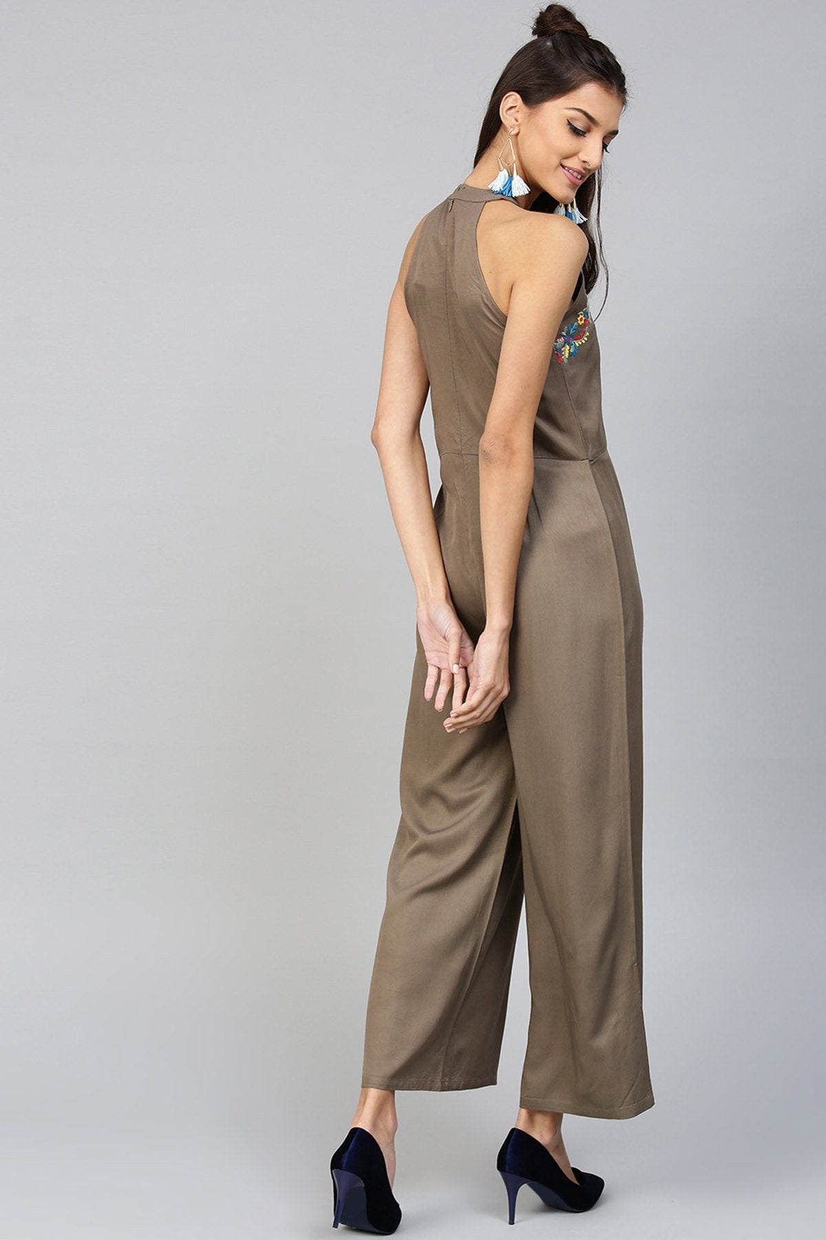 Women's Halter Neck Embroidered Brown Jumpsuit