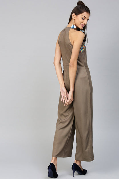 Women's Halter Neck Embroidered Brown Jumpsuit