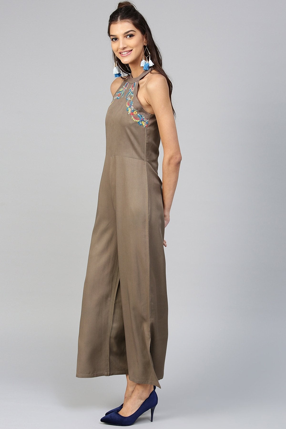 Women's Halter Neck Embroidered Brown Jumpsuit
