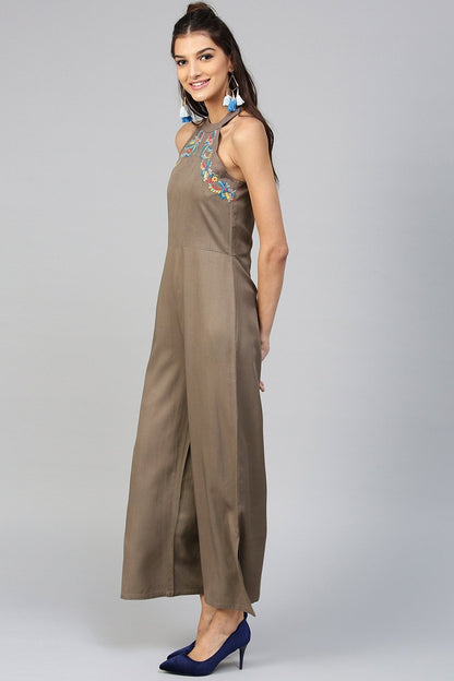 Women's Halter Neck Embroidered Brown Jumpsuit