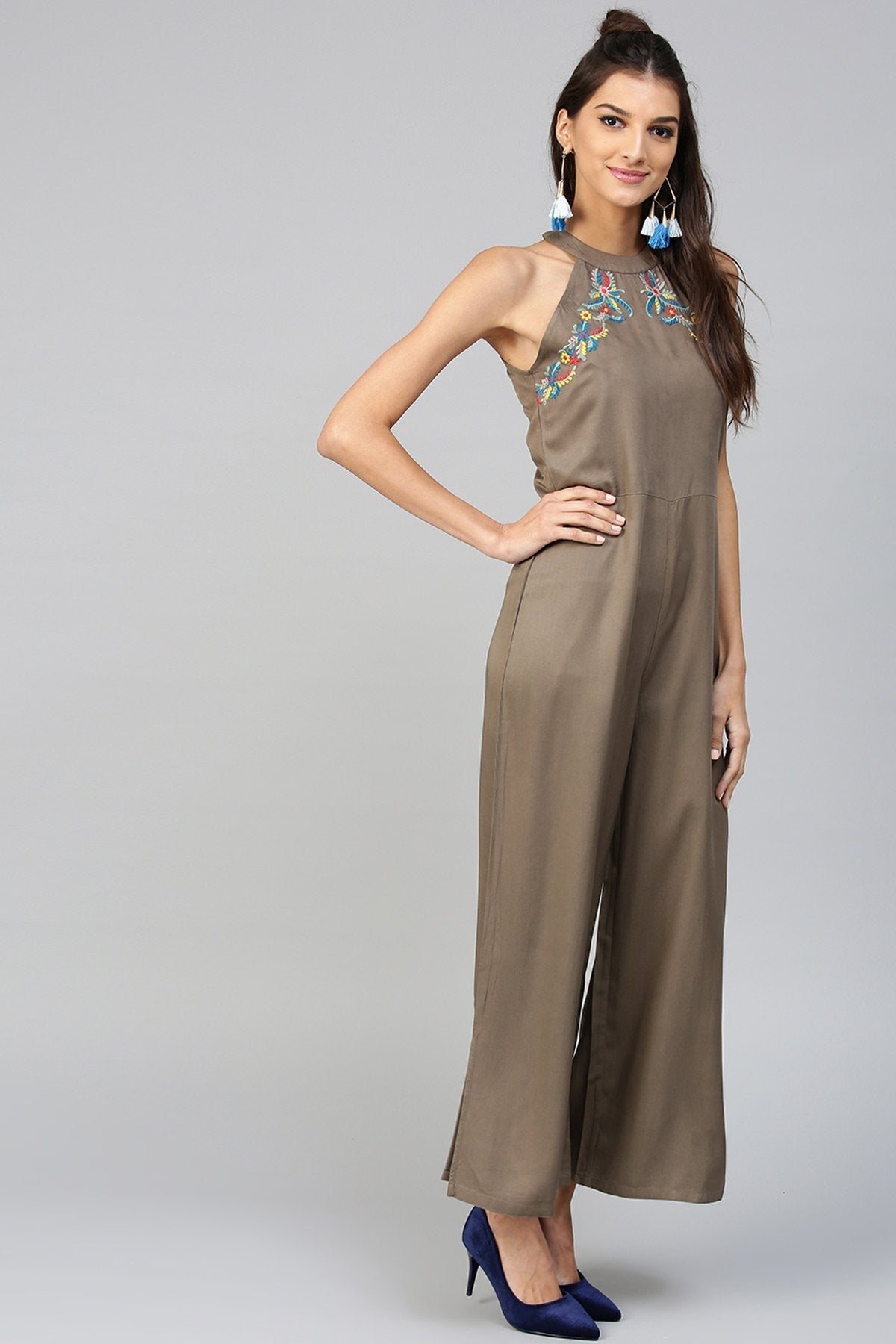 Women's Halter Neck Embroidered Brown Jumpsuit