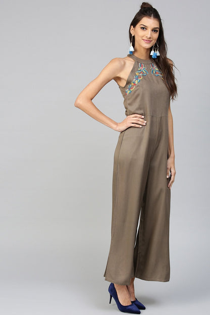 Women's Halter Neck Embroidered Brown Jumpsuit